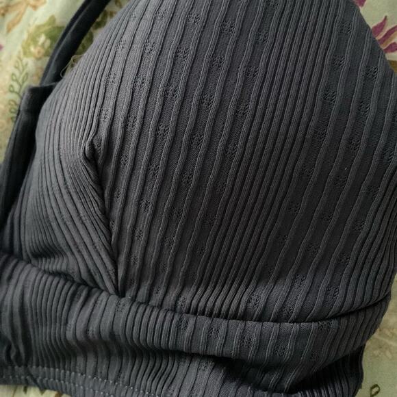 L*Space Anthropologie Blue Grey Siren Ribbed V-Neck Pintelle Bikini Top - Picture 3 of 5